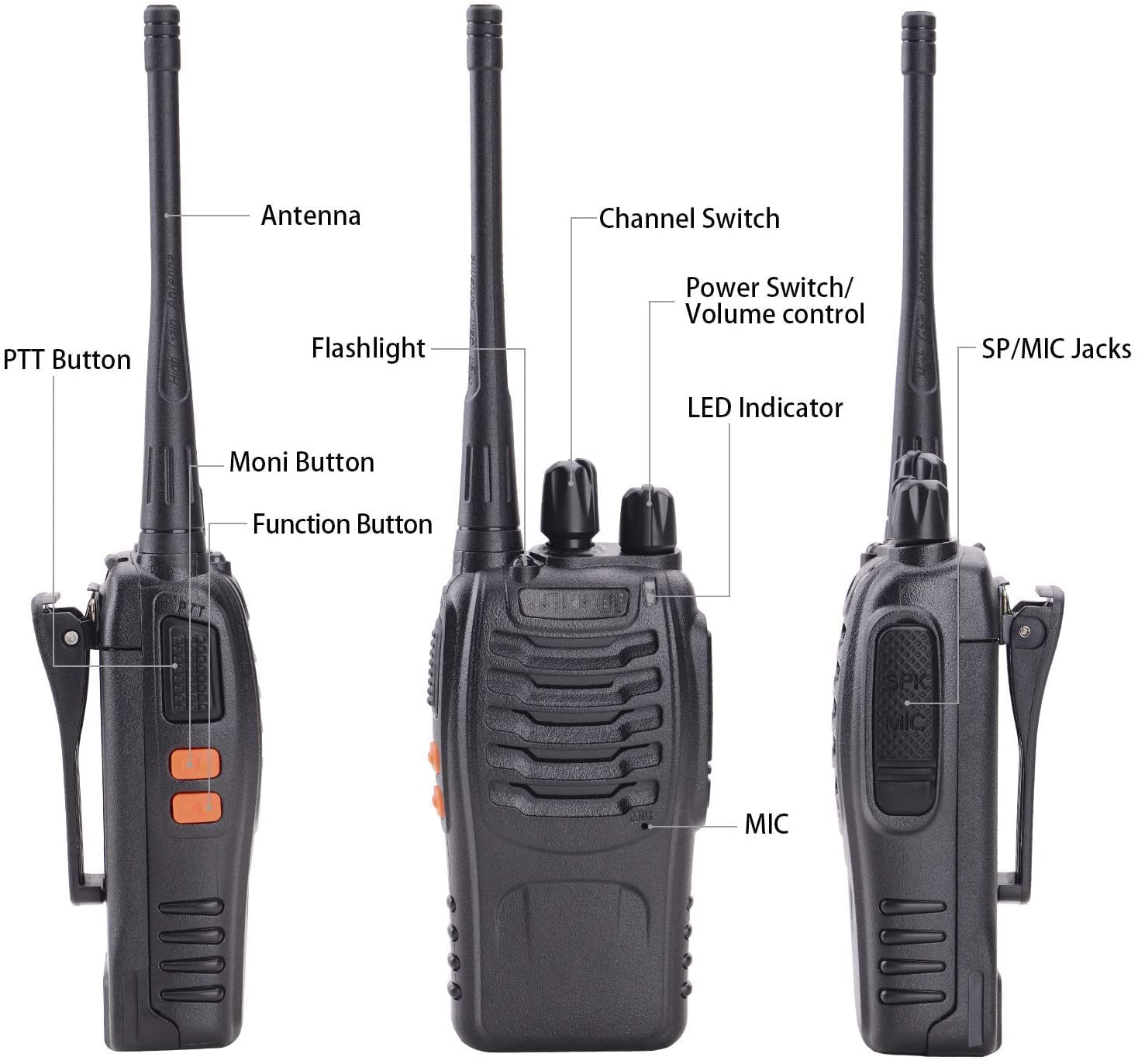RFV1 Exclusive Walkie Talkies Adults Long Range Two Radios UHF  400-470Mhz 16 Channels 1500mAh Li-ion Rechargeable Battery Black RFV1